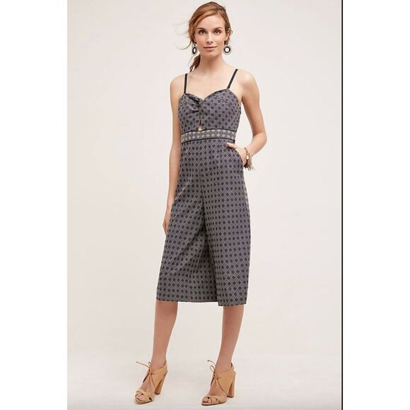 Anthropologie Pants - Elevenses Anthropologie Remy Blue Geometric Print Wide Leg Jumpsuit Size 4 VGC